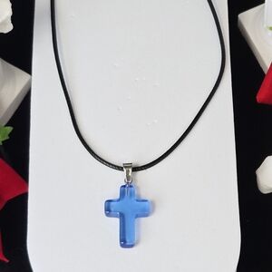 Blue Rock Crystal Cross Necklace Clear Natural Stone Pendant Coastal Calm Faith